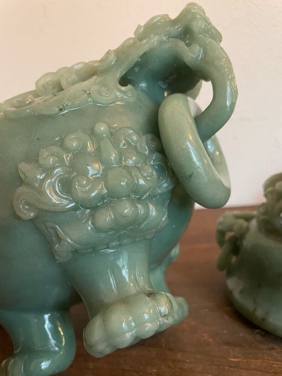◇中国美術 翡翠香炉 唐木台付 獣耳遊環 三つ足香炉 高さ約12.5