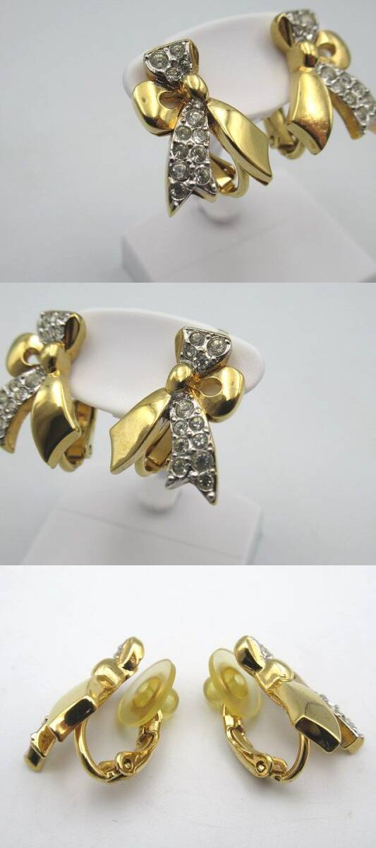☆NINA RICCI ニナリッチ リボン クリアストーン ゴールドカラー ネックレス ペンダント イヤリング 中古 レディース アクセサリー☆