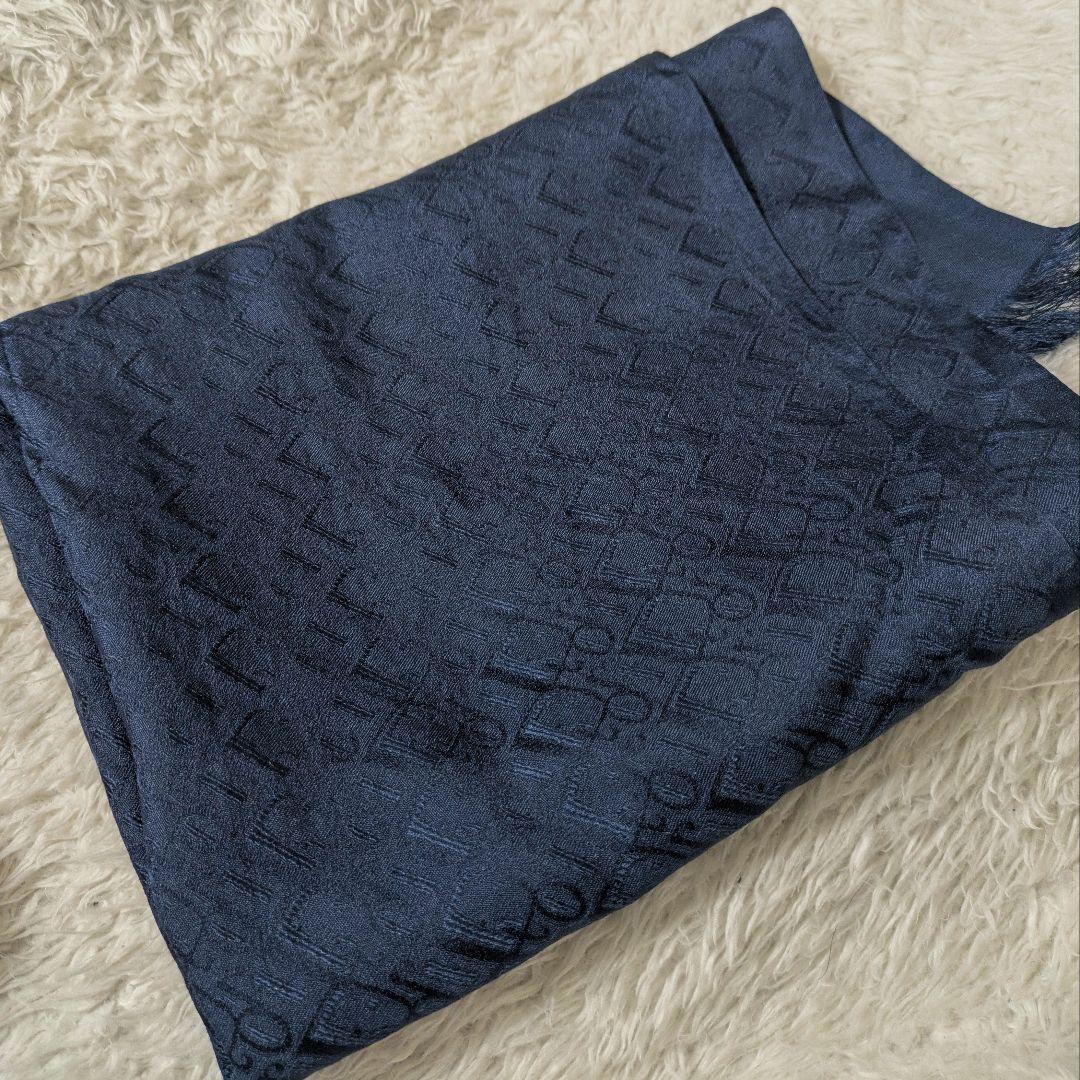 高級絹100% Christian Dior マフラー トロッター 総柄 ネイビ