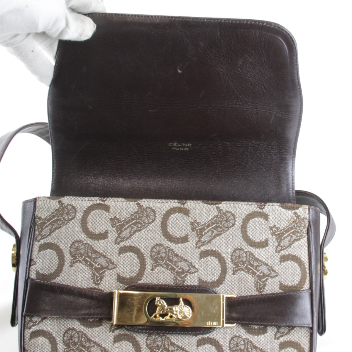 [USED] CELINE Celine обезьяна ключ шланг перевозка сумка на плечо Brown парусина / кожа 