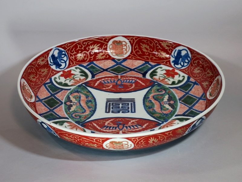◇古伊万里 色絵金襴手 寿字龍鳳凰文銅鑼形鉢 大明萬歴年製 径 ◇古伊万里 色絵金襴手 寿字龍鳳凰文銅鑼形鉢 大明萬歴年製 径