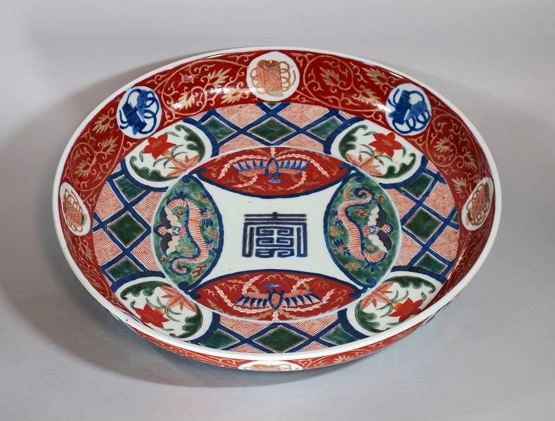 ◇古伊万里 色絵金襴手 寿字龍鳳凰文銅鑼形鉢 大明萬歴年製 径 ◇古伊万里 色絵金襴手 寿字龍鳳凰文銅鑼形鉢 大明萬歴年製 径