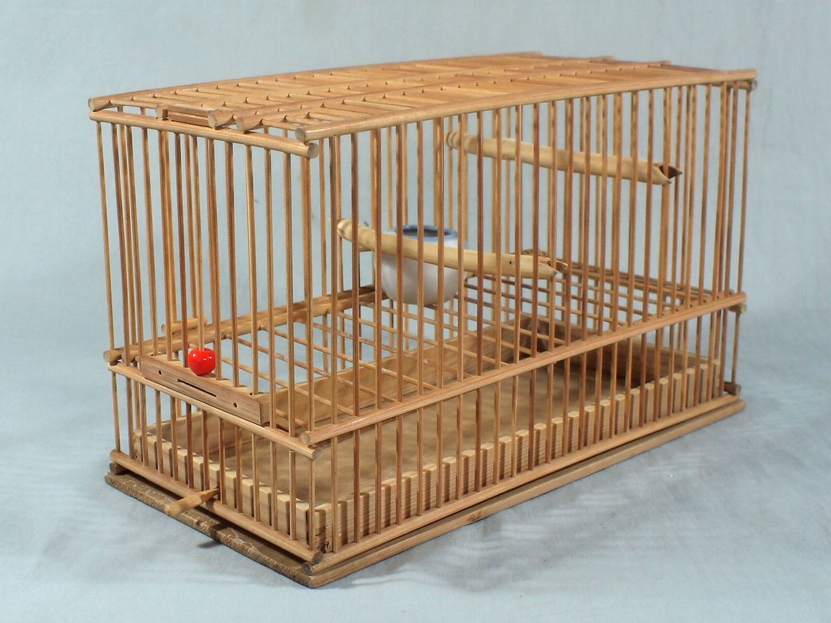 完璧 大正昭和期当時物】木箱付めじろ籠等竹鳥籠竹製鳥かご昭和レトロ 木工、竹工芸