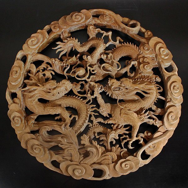 TAKIYA】7833 『雲絡双龍図浮透彫壁掛』 欄間 レリーフ 木彫 径 TAKIYA】7833 『雲絡双龍図浮透彫壁掛』 欄間 レリーフ 木彫 径