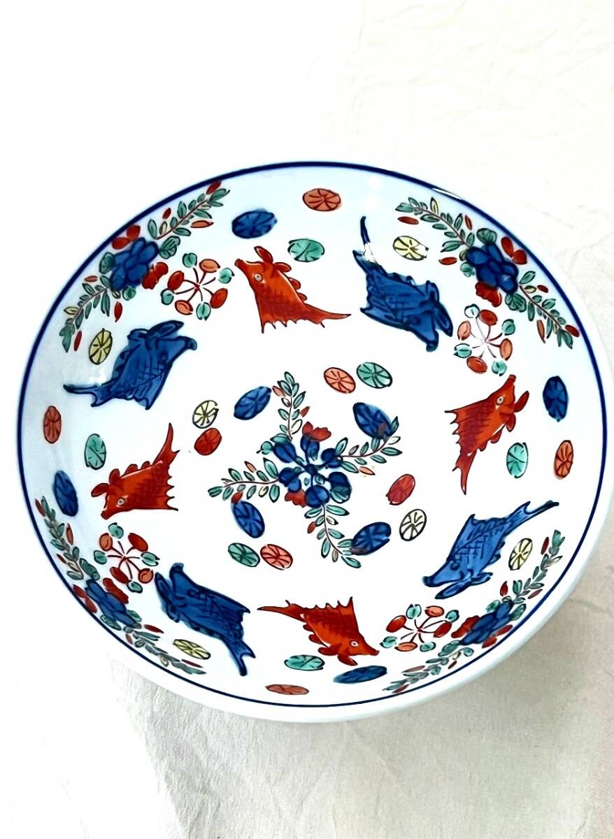 M3026【有田焼・幸楽釜】金魚絵　高台鉢　色絵　染付 _画像2