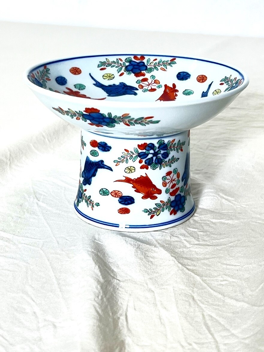 M3026【有田焼・幸楽釜】金魚絵　高台鉢　色絵　染付 _画像7