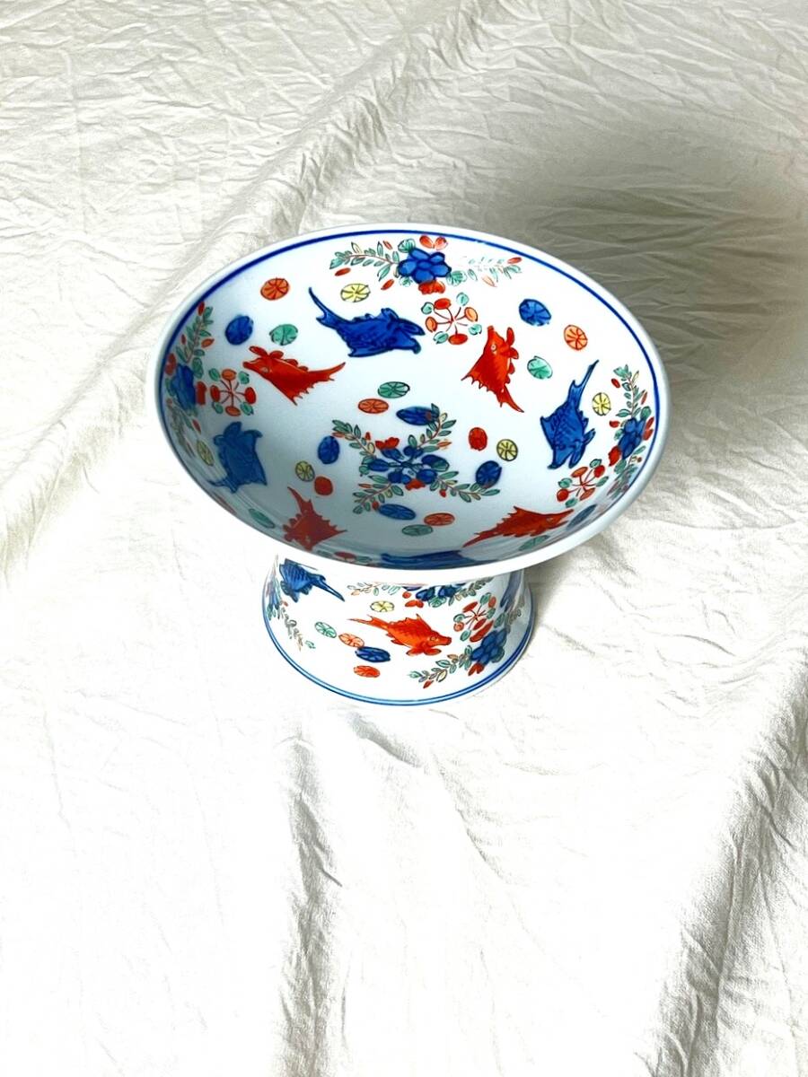 M3026【有田焼・幸楽釜】金魚絵　高台鉢　色絵　染付 _画像3