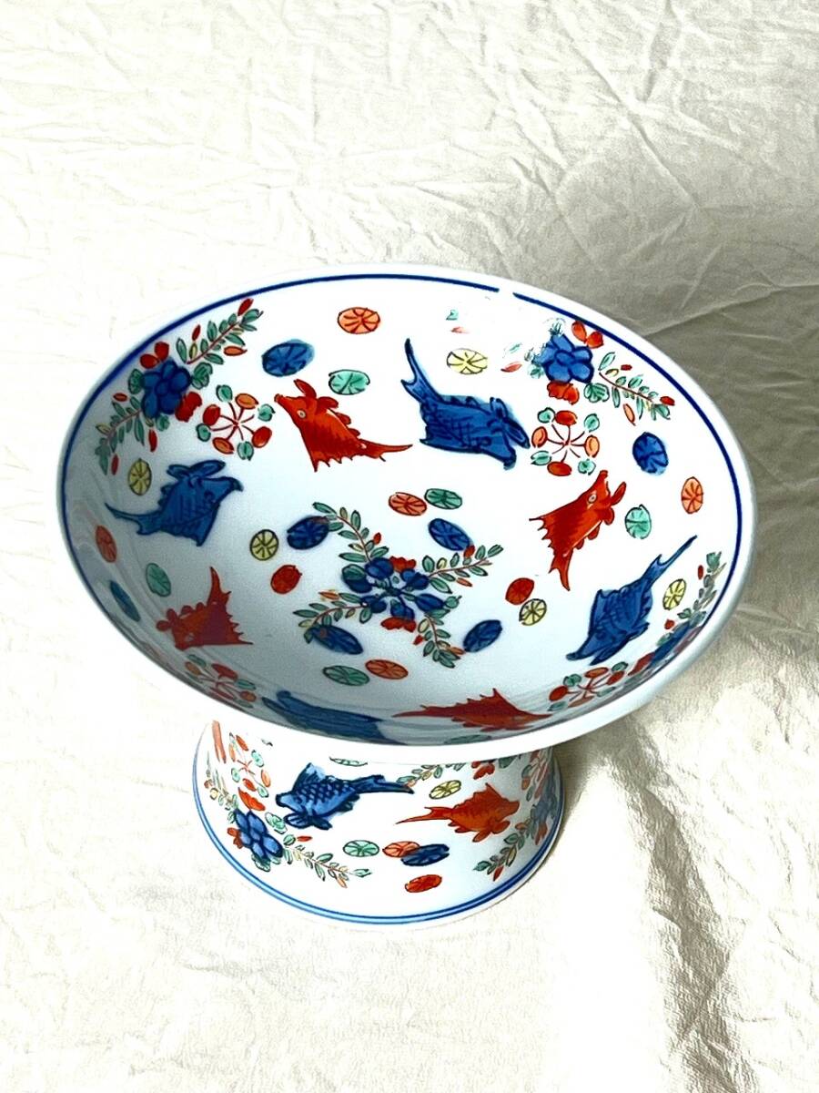 M3026【有田焼・幸楽釜】金魚絵　高台鉢　色絵　染付 _画像4