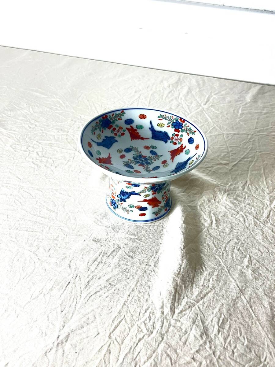 M3026【有田焼・幸楽釜】金魚絵　高台鉢　色絵　染付 _画像5