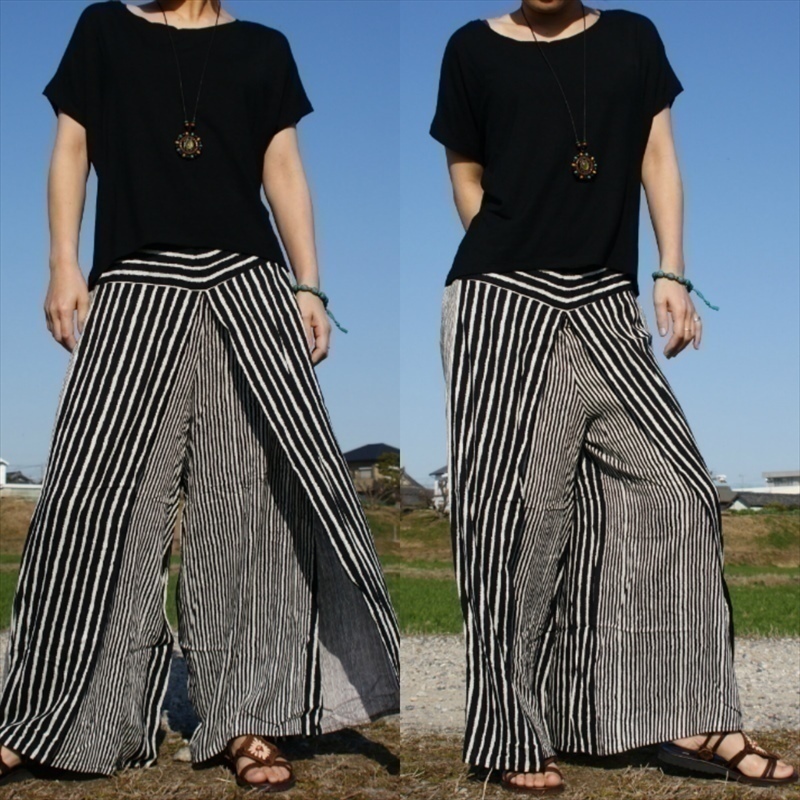 ★エスニック ラップパンツ ボーダー ブラック ★送料込新品★アジアン 巻きパンツ ワイドパンツ ヨガ ユニセックス ルームウエア