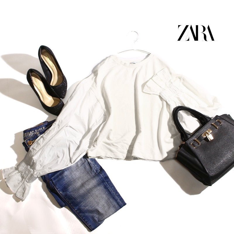 美品 ZARA ザラ 春 夏 ほんのり透け 異素材切替 パフスリーブカットソー S ホワイト 白 長袖 カットソー トップス Tシャツ ギャザー 無地_画像1