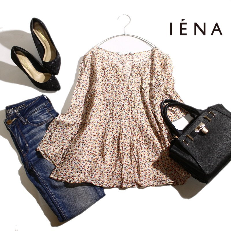美品 イエナ IENA 春 夏 オーガンジー フラワー 花柄 プリント シャツ生地 プルオーバー 長(zhǎng)袖 カットソー ブラウス ホワイト 白 コットン
