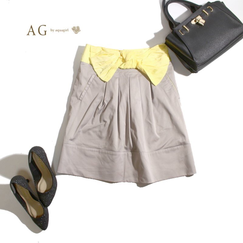 美品 AG by aquagirl アクアガール 春 夏 可愛い ビックリボン バイカラー 切替 Aライン フレアスカート M グレー イエロー 黄色 スカート_画像1