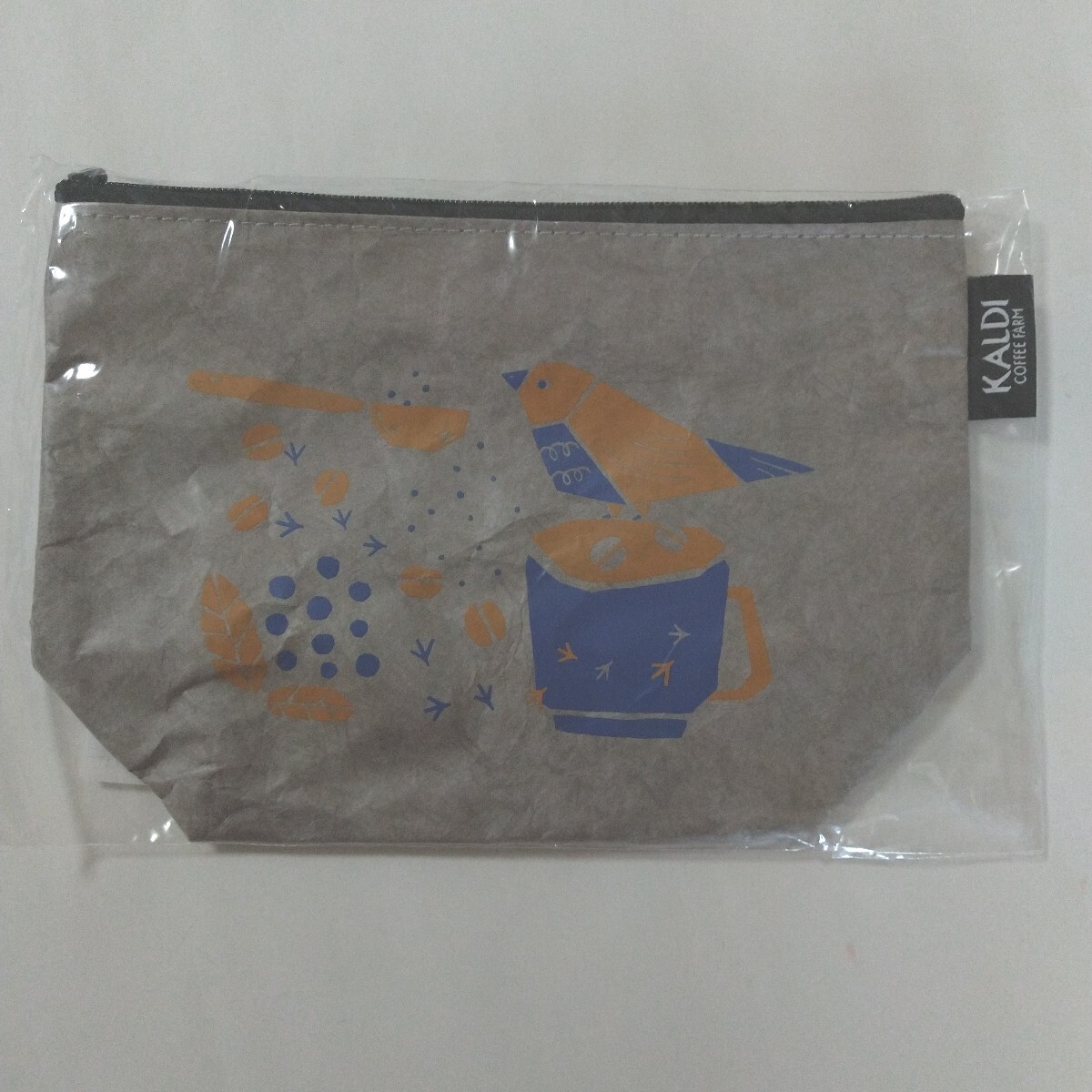 ☆KALDI カルディ オリジナル クラフトポーチ グレー 小鳥 ノベルティ 送料無料☆_画像1