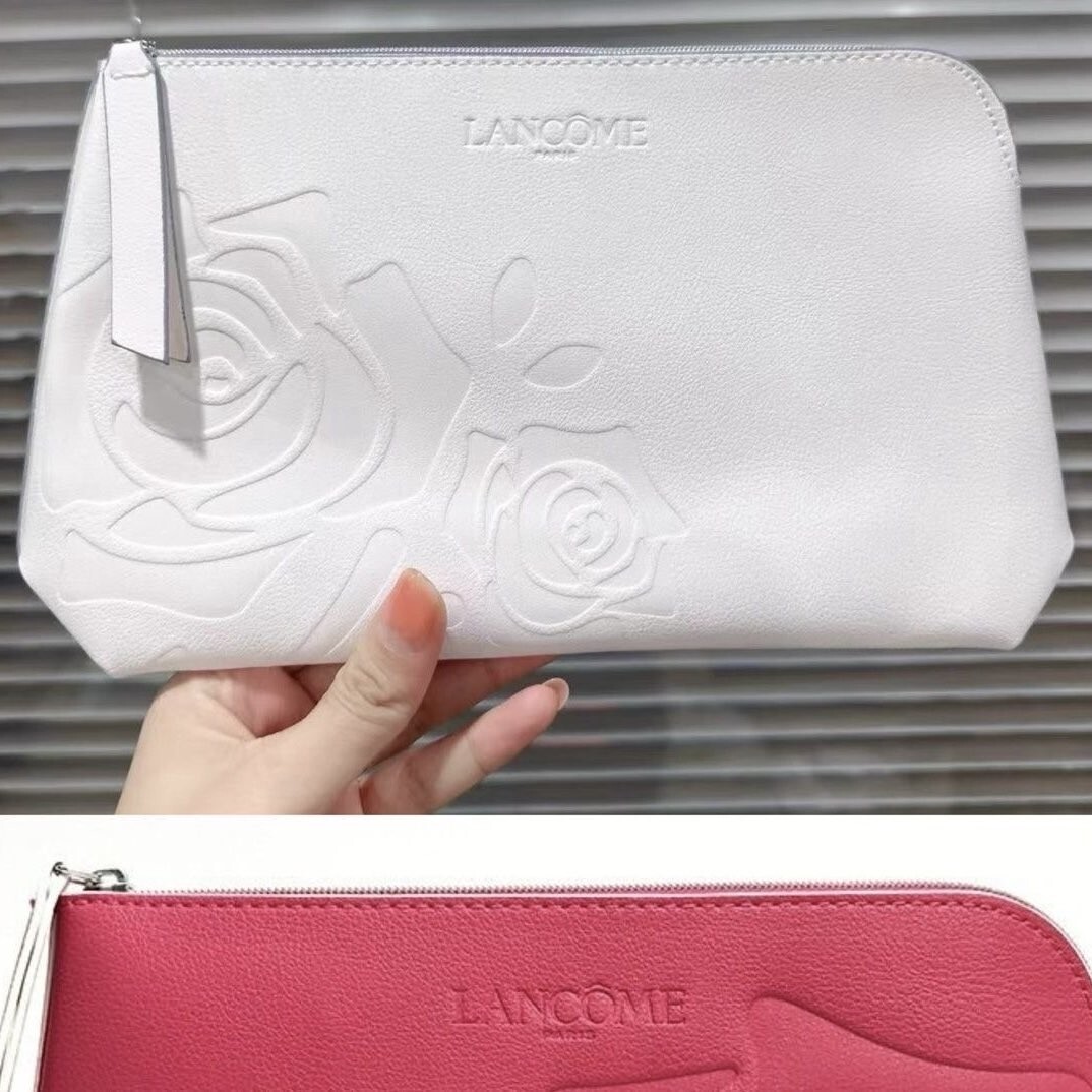 新品 ブランド ランコム LANCOME 化粧ポーチ コスメポーチ トラベルポーチ 型押しレザー ローズ ホワイト 白バラ 薔薇 大 きれい 防水 旅行