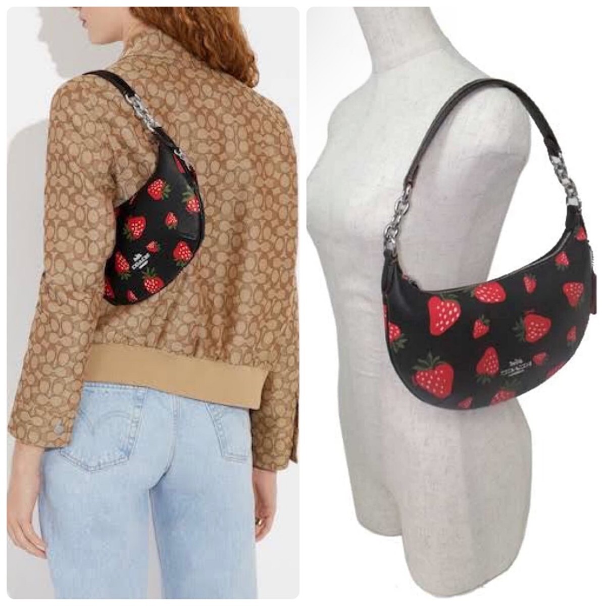  Coach кожаная сумка COACHpei тонн * сигнал bo- клубника рисунок сумка на плечо сумка новый товар бренд стандартный товар клубника клубника чёрный 