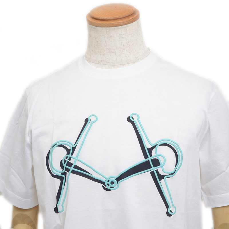 エルメス 半袖Tシャツ ホワイト/ブラック/ブルー コットン メンズ Mサイズ