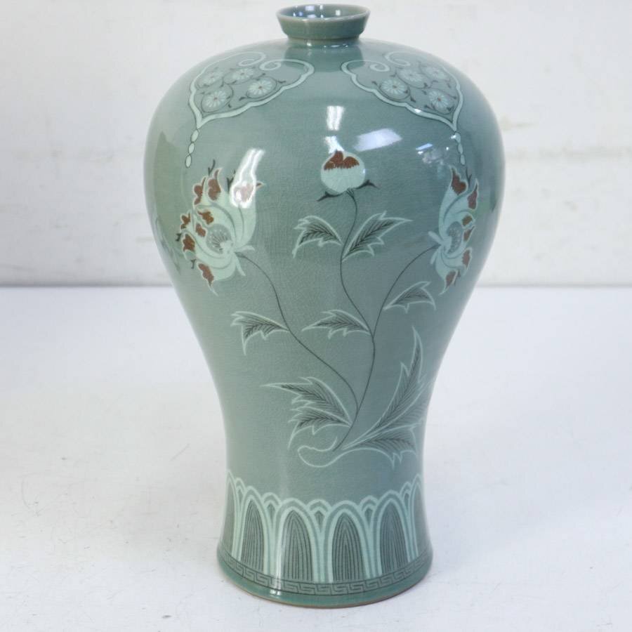 美品!延栢作 高麗青磁 辰砂花文 梅瓶 一輪挿し 花瓶 共箱付き 美品!延栢作 高麗青磁 辰砂花文 梅瓶 一輪挿し 花瓶 共箱付き