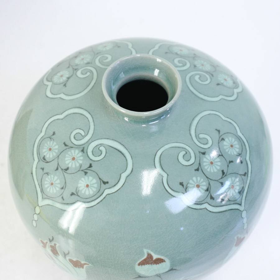 美品!延栢作 高麗青磁 辰砂花文 梅瓶 一輪挿し 花瓶 共箱付き 美品!延栢作 高麗青磁 辰砂花文 梅瓶 一輪挿し 花瓶 共箱付き
