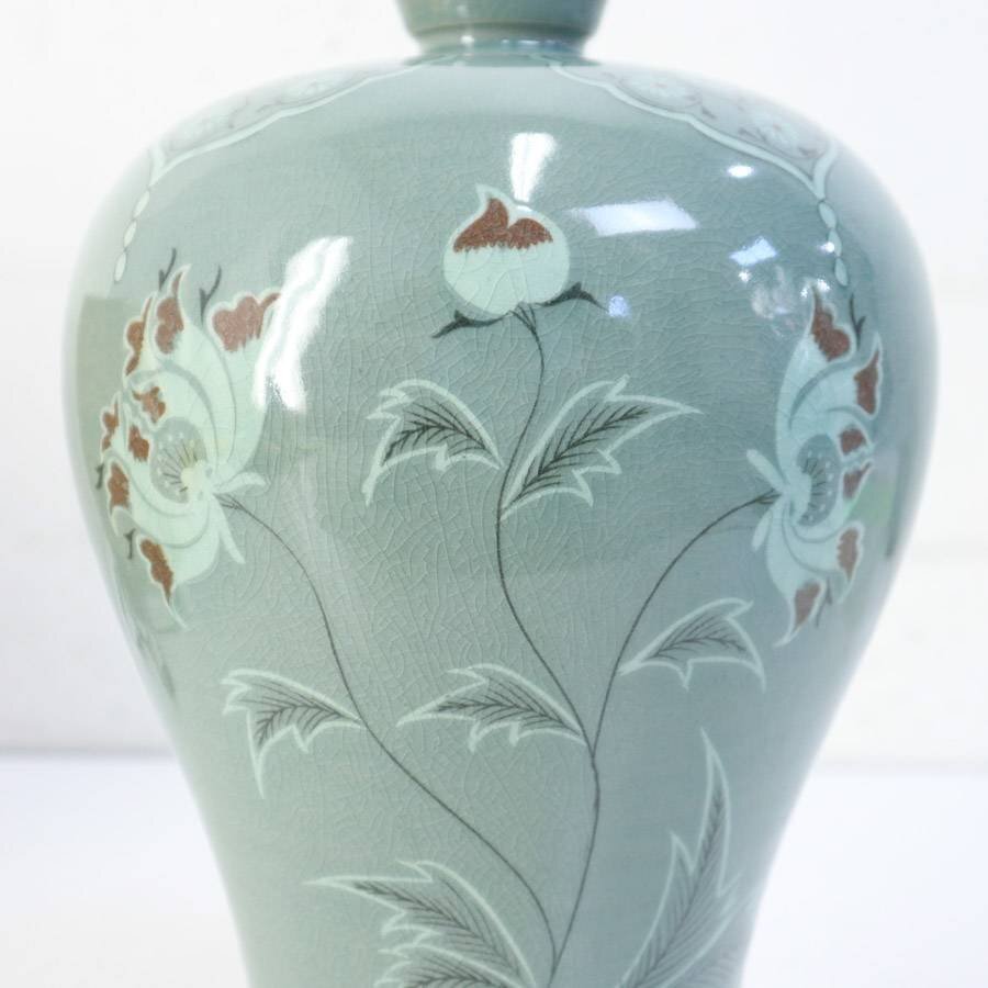 美品!延栢作 高麗青磁 辰砂花文 梅瓶 一輪挿し 花瓶 共箱付き 美品!延栢作 高麗青磁 辰砂花文 梅瓶 一輪挿し 花瓶 共箱付き