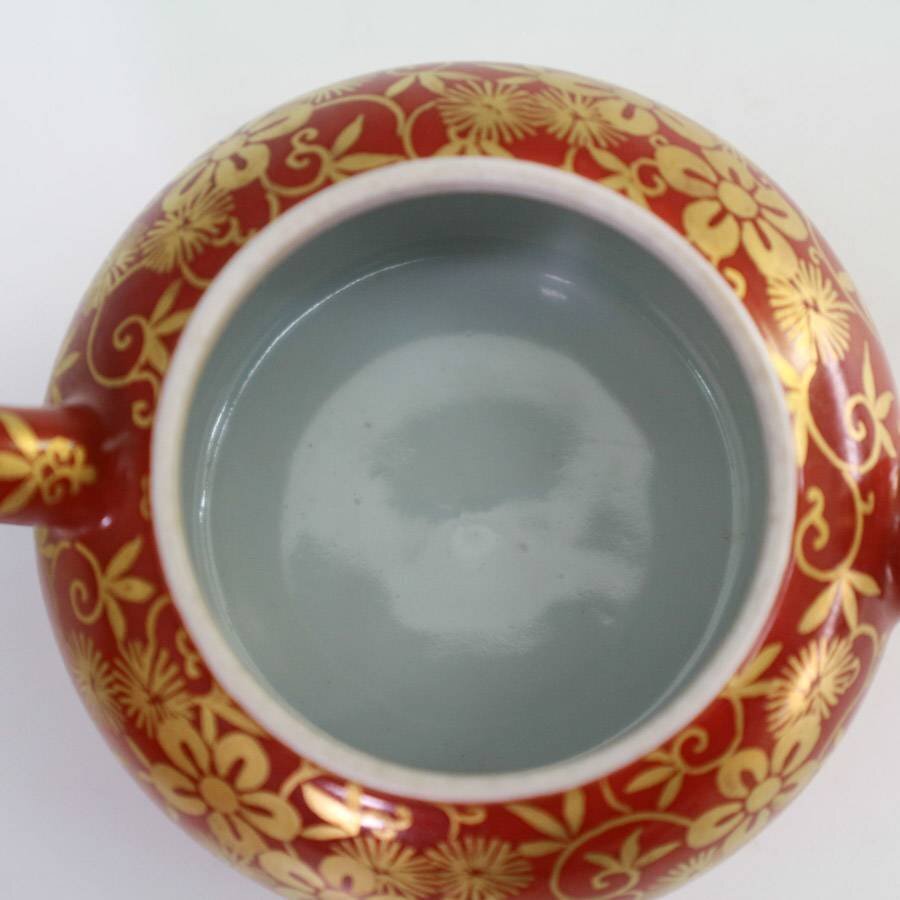 美品 九谷焼 在銘 赤絵 金襴手 花文 煎茶器揃 湯呑5客 急須