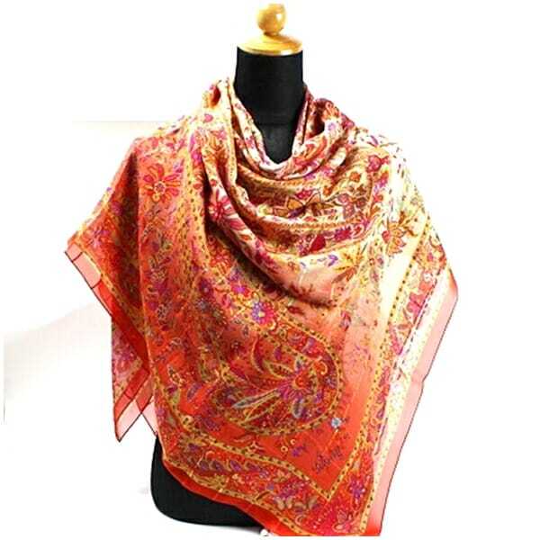 ★ イヴサンローラン シルク 大判スカーフ レッド クリーム 中古 Aランク YVES SAINT LAURENT |