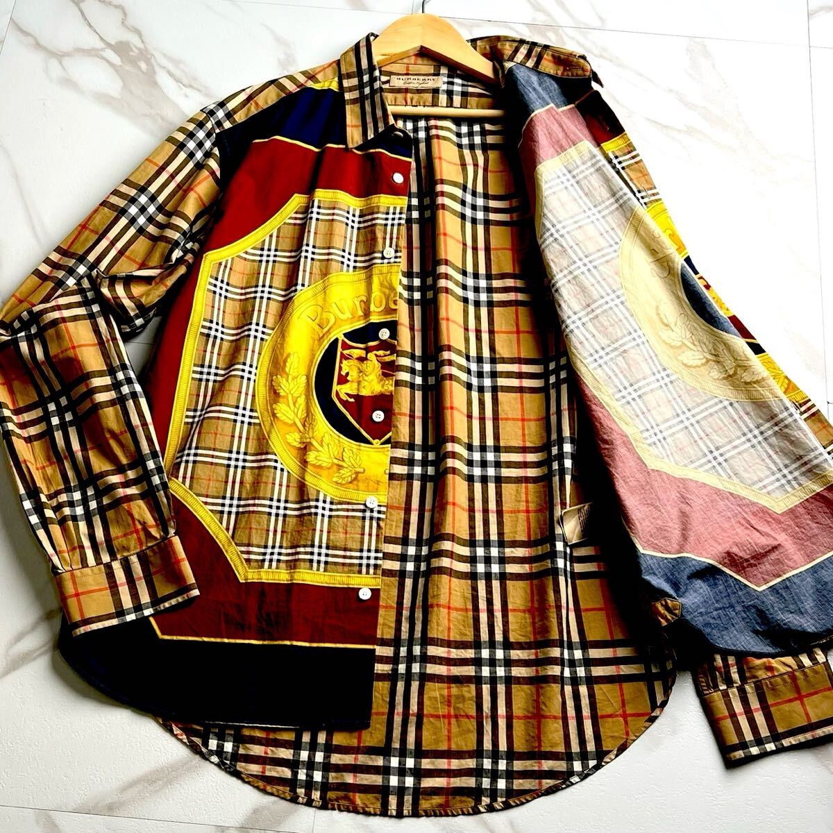 美品/希少XL●BURBERRY LONDON バーバリーロンドン【最高級(jí) 現(xiàn)行タグ メガチェック】ボタンダウンシャツ 長(zhǎng)袖シャツ ノバチェック ベージュ