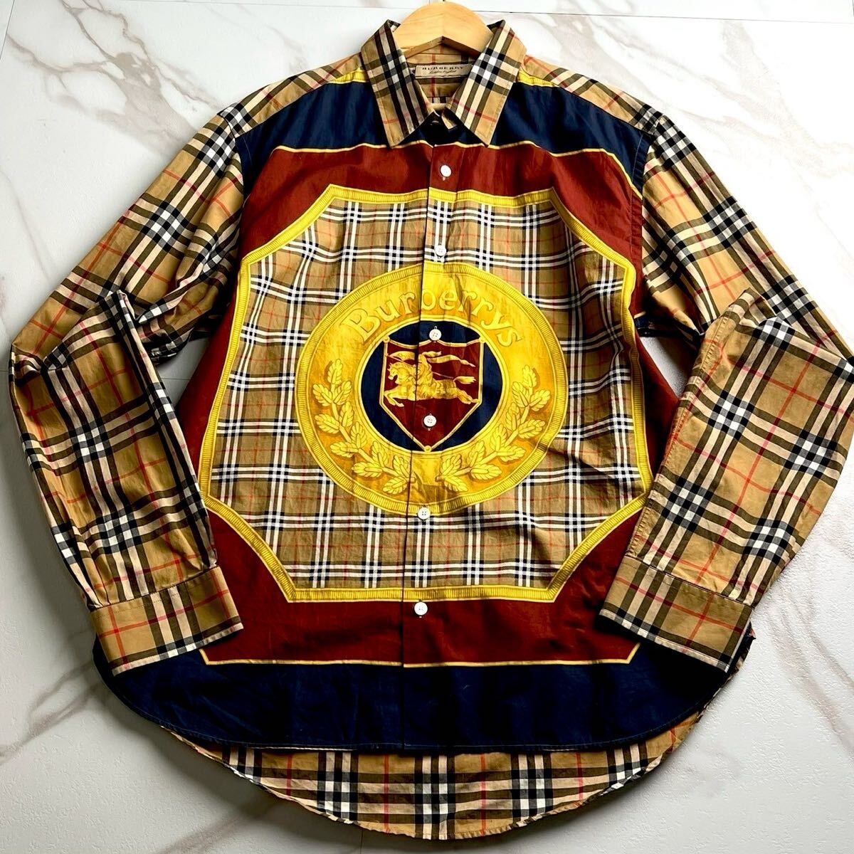 美品/希少XL●BURBERRY LONDON バーバリーロンドン【最高級(jí) 現(xiàn)行タグ メガチェック】ボタンダウンシャツ 長(zhǎng)袖シャツ ノバチェック ベージュ
