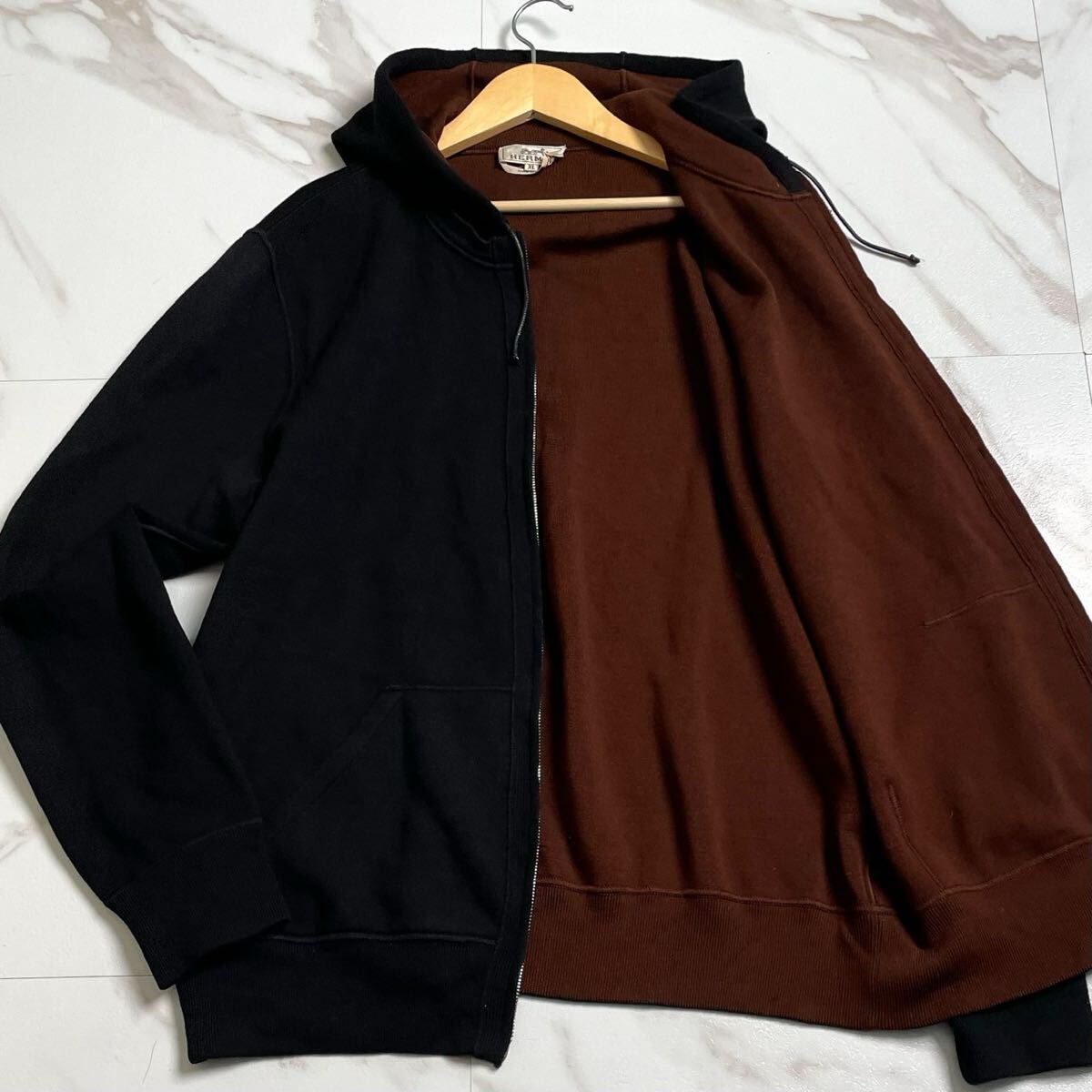美品/奇跡のXL●HERMES エルメス【最高級 カシミヤ】ジップアップ パーカー ジャケット ブルゾン フード イタリア制 カシミア 黒 ブラック