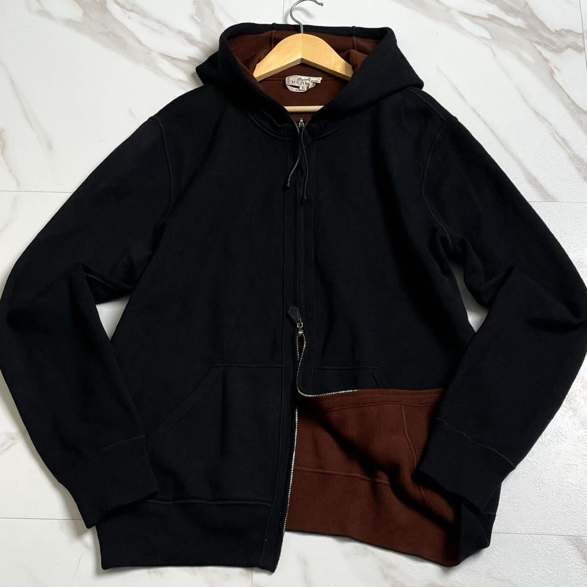 美品/奇跡のXL●HERMES エルメス【最高級 カシミヤ】ジップアップ パーカー ジャケット ブルゾン フード イタリア制 カシミア 黒 ブラック