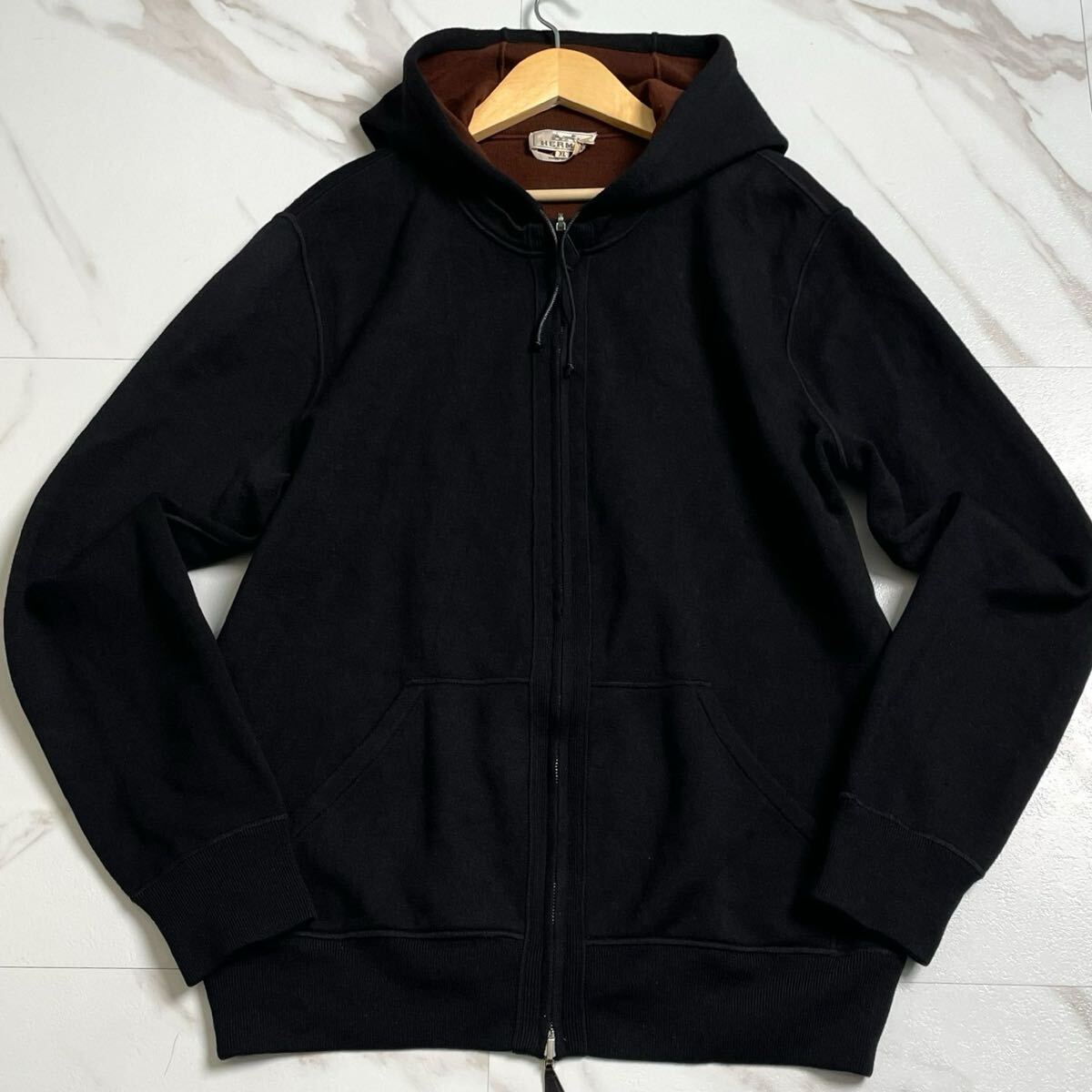 美品/奇跡のXL●HERMES エルメス【最高級 カシミヤ】ジップアップ パーカー ジャケット ブルゾン フード イタリア制 カシミア 黒 ブラック
