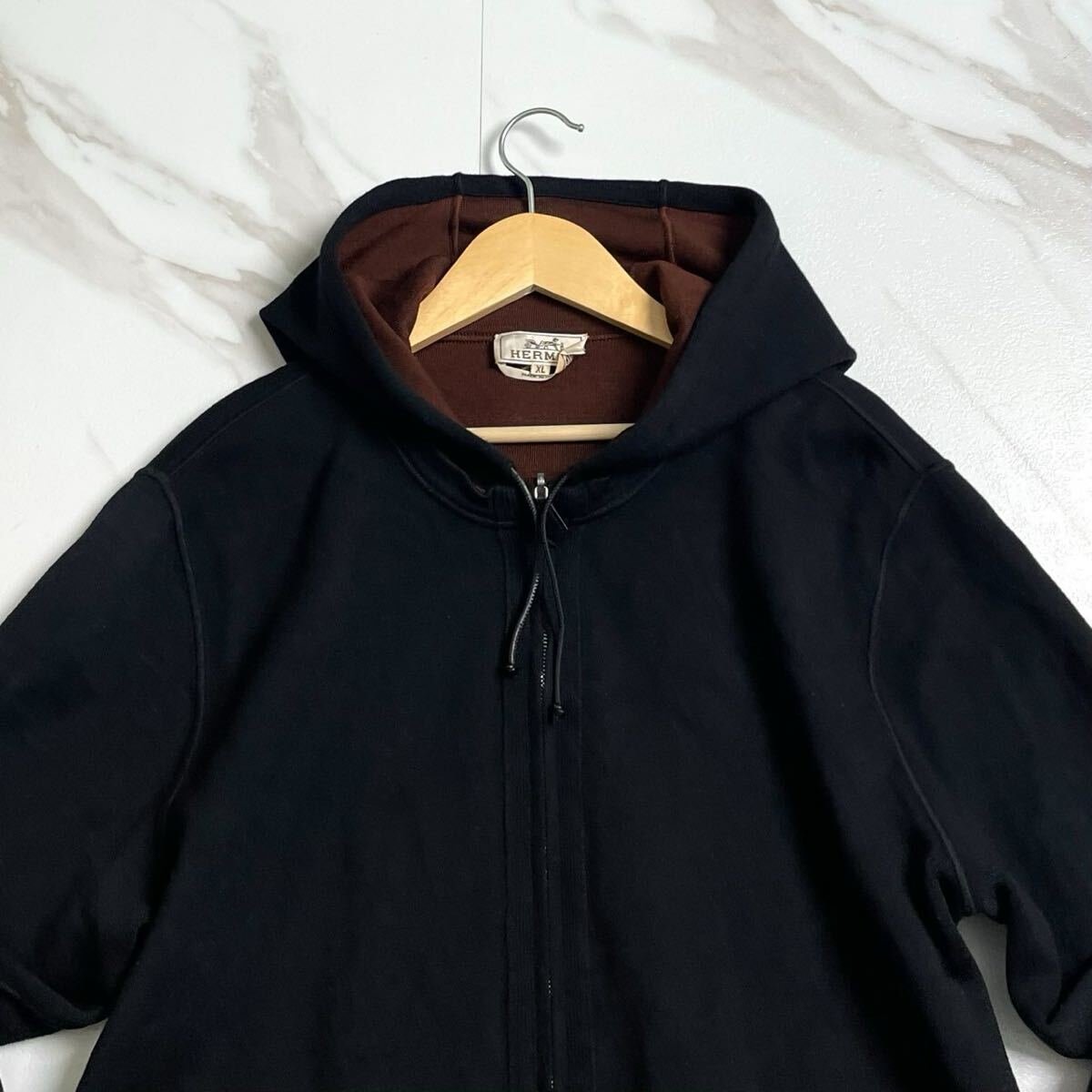 美品/奇跡のXL●HERMES エルメス【最高級 カシミヤ】ジップアップ パーカー ジャケット ブルゾン フード イタリア制 カシミア 黒 ブラック