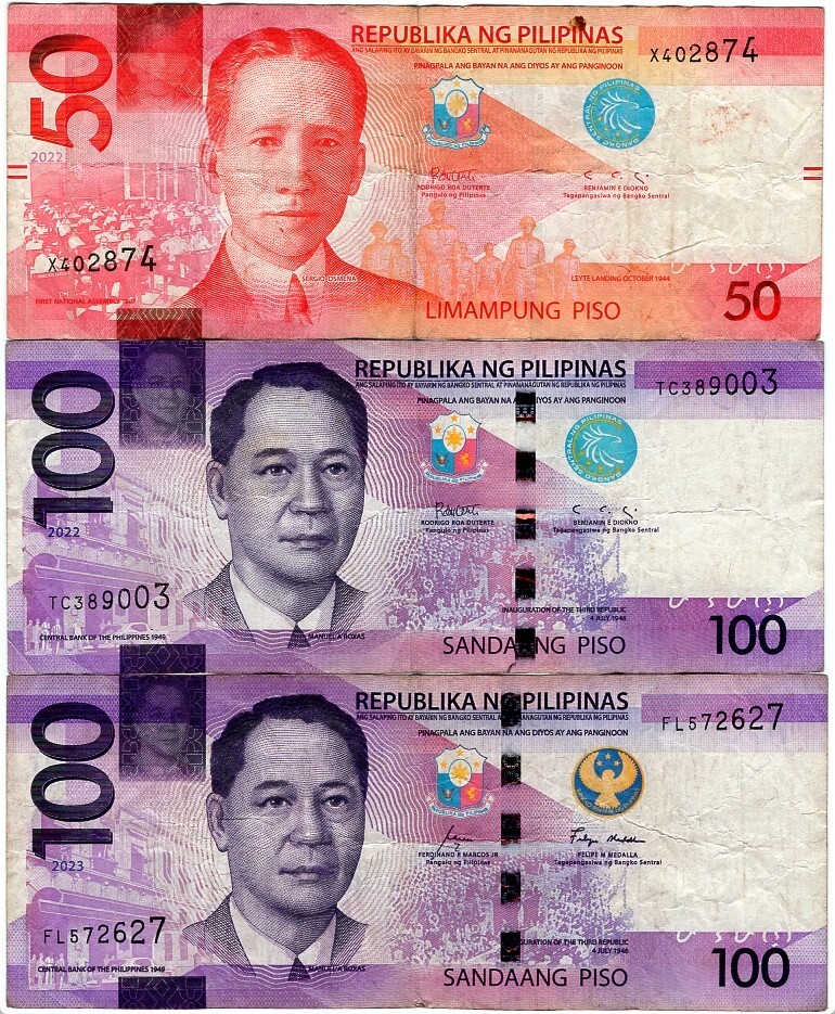 フィリピン 100ペソ紙幣×2枚(2022,2023)+50ペソ紙幣(2022)(流通 フィリピン 100ペソ紙幣×2枚(2022,2023)+50ペソ紙幣(2022)(流通