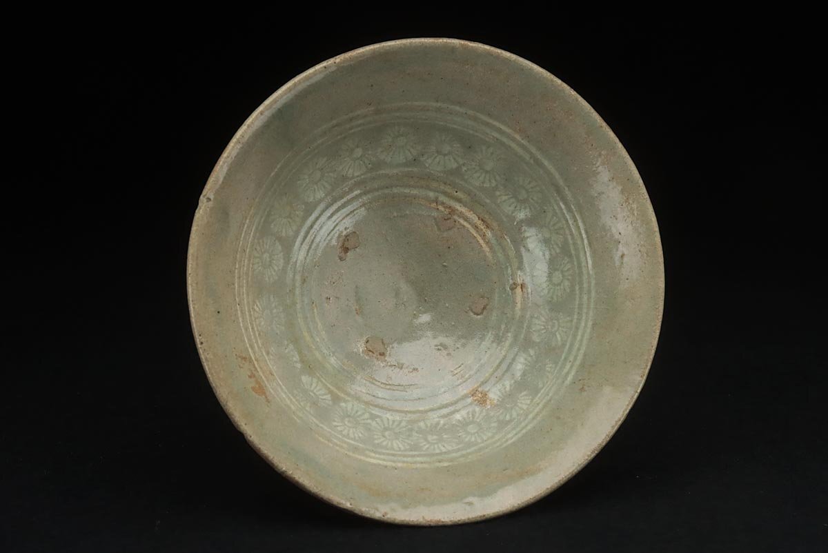 EZ232 朝鮮古美術 粉青沙器 李朝 高麗青磁三島花文鉢 径14.6cm