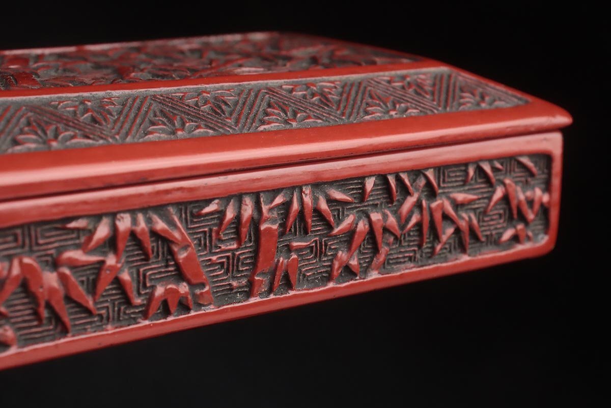 UU803 彫刻漆器 名産 仙台堆朱 竹図 小箱 幅15.4cm 共箱附・堆朱 UU803 彫刻漆器 名産 仙台堆朱 竹図 小箱 幅15.4cm 共箱附・堆朱