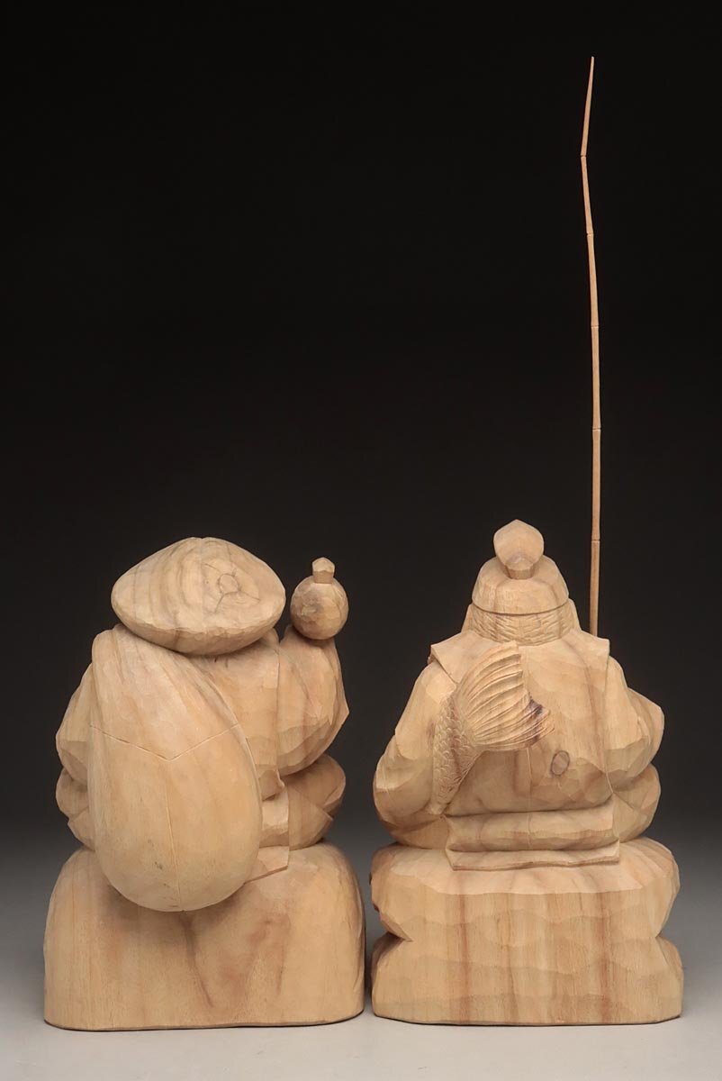 EZ467 【彫刻家 石橋古鈴 作】一刀彫 木彫 恵比寿・大黒天 一対 EZ467 【彫刻家 石橋古鈴 作】一刀彫 木彫 恵比寿・大黒天 一対