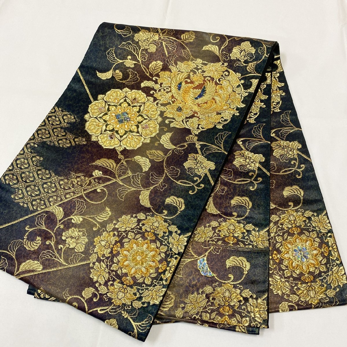 着物月花 螺鈿細工 引箔 華文様 袋帯 六通柄 正絹 金糸 帯芯無し 着物月花 螺鈿細工 引箔 華文様 袋帯 六通柄 正絹 金糸 帯芯無し