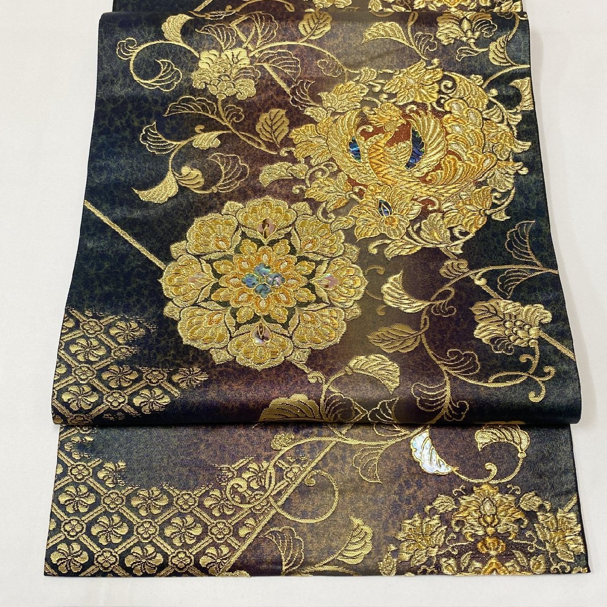 着物月花 螺鈿細工 引箔 華文様 袋帯 六通柄 正絹 金糸 帯芯無し 着物月花 螺鈿細工 引箔 華文様 袋帯 六通柄 正絹 金糸 帯芯無し