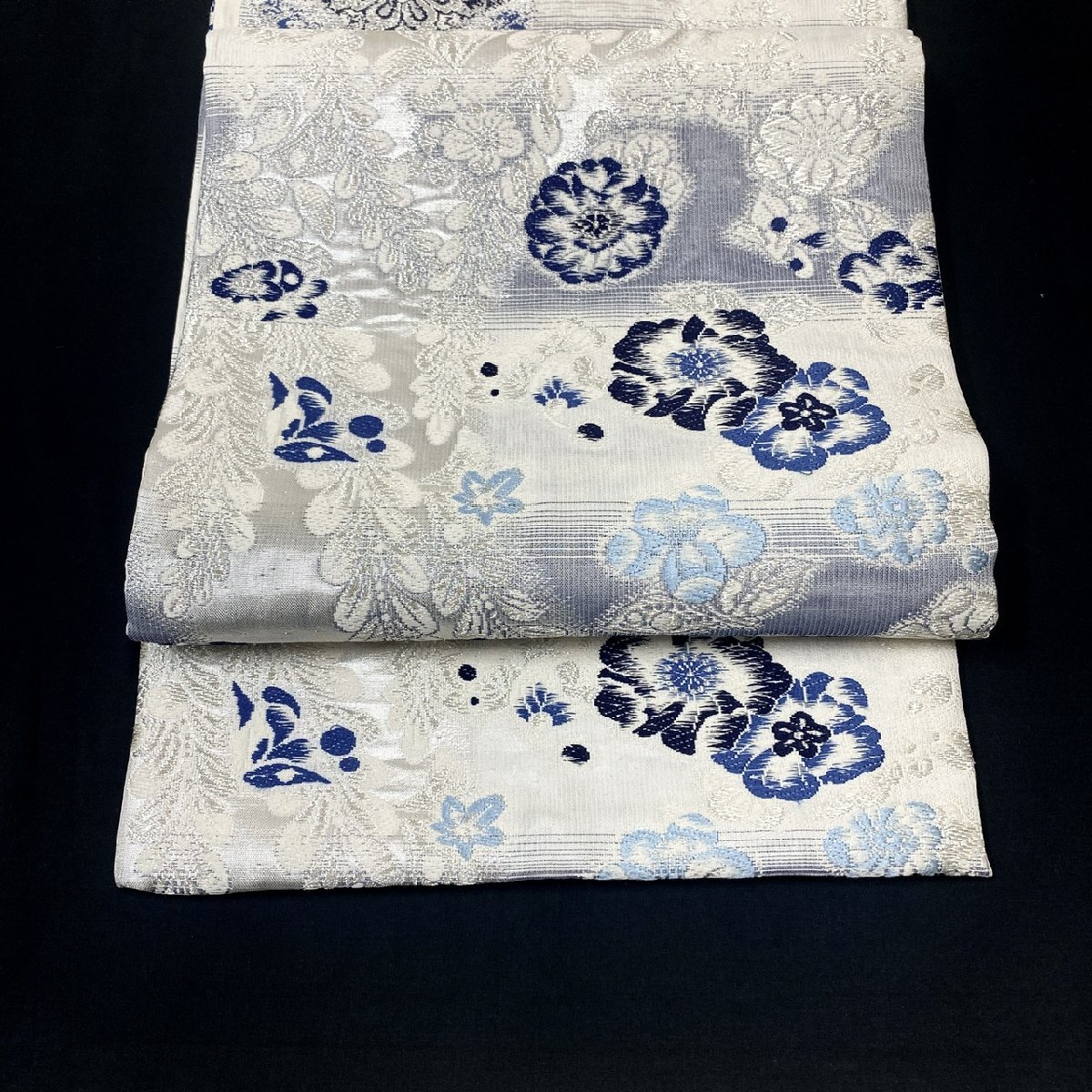 着物月花 本藍染 辻ケ花 七宝 袋帯 全通柄 正絹 銀糸 ob4686 着物月花 本藍染 辻ケ花 七宝 袋帯 全通柄 正絹 銀糸 ob4686