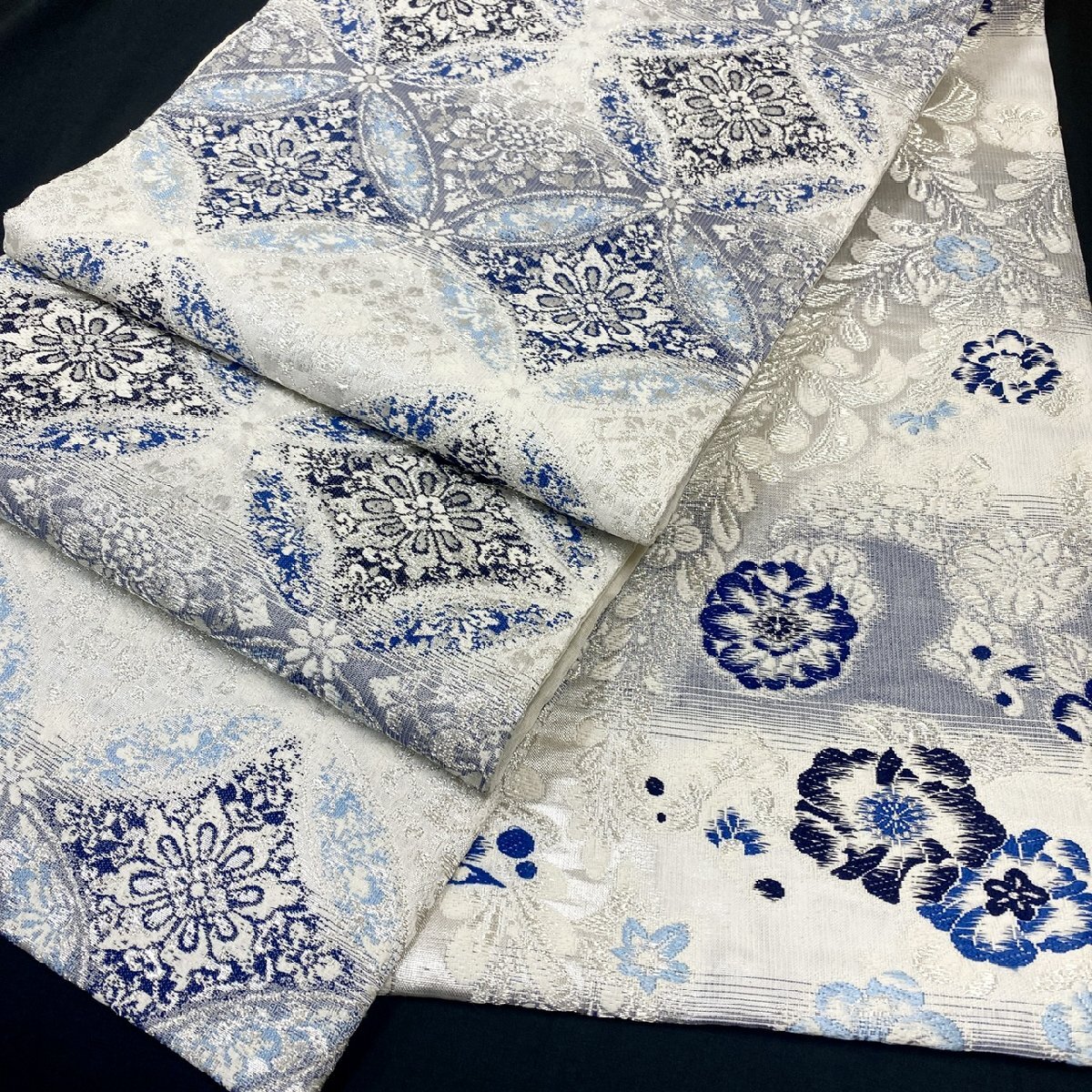 着物月花 本藍染 辻ケ花 七宝 袋帯 全通柄 正絹 銀糸 ob4686 着物月花 本藍染 辻ケ花 七宝 袋帯 全通柄 正絹 銀糸 ob4686