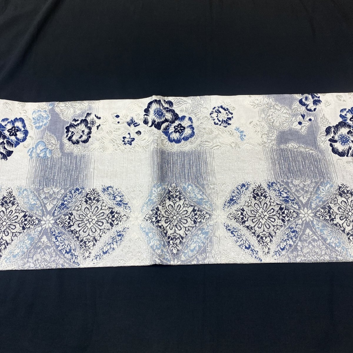 着物月花 本藍染 辻ケ花 七宝 袋帯 全通柄 正絹 銀糸 ob4686 着物月花 本藍染 辻ケ花 七宝 袋帯 全通柄 正絹 銀糸 ob4686