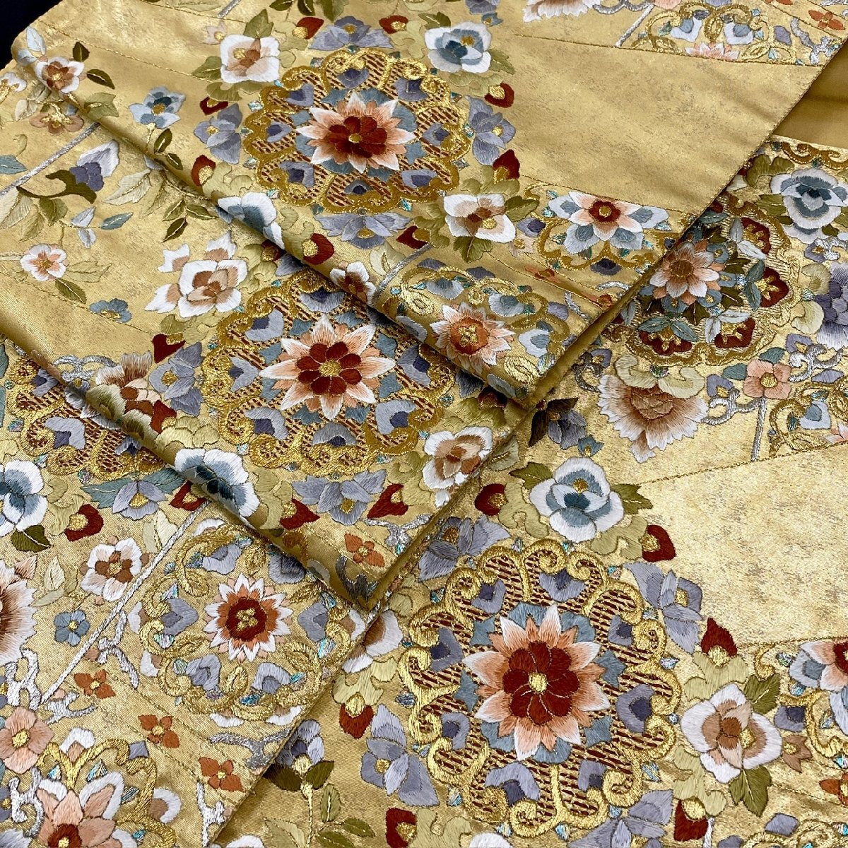 着物月花 総刺繍 蘇州刺繍 引箔 装飾華文様 袋帯 六通柄 正絹 金 着物月花 総刺繍 蘇州刺繍 引箔 装飾華文様 袋帯 六通柄 正絹 金