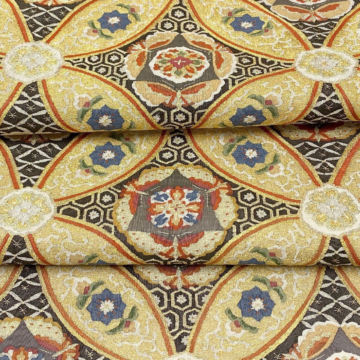 着物月花 明綴れ 七宝 華文様 袋帯 未使用品 全通柄 正絹 金糸 着物月花 明綴れ 七宝 華文様 袋帯 未使用品 全通柄 正絹 金糸