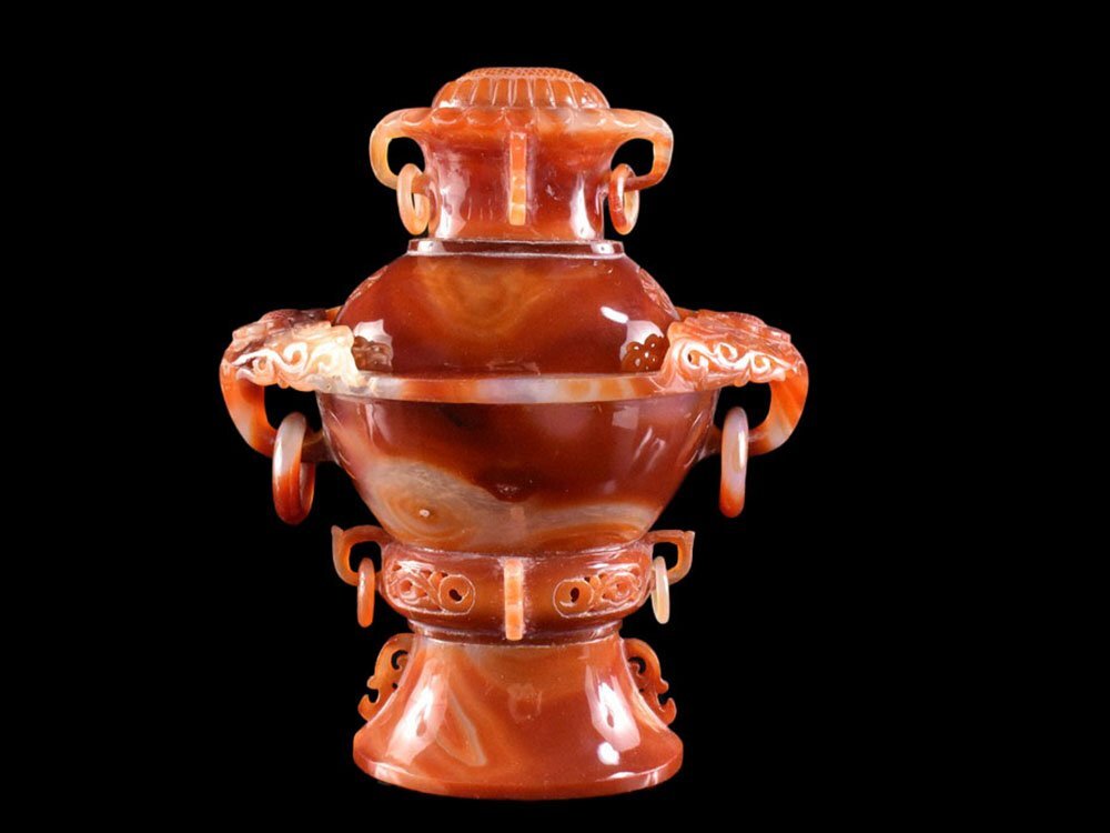 雲】某名家買取品 中国古玩 唐物 瑪瑙遊環耳付香炉 高さ24.5cm 雲】某名家買取品 中国古玩 唐物 瑪瑙遊環耳付香炉 高さ24.5cm