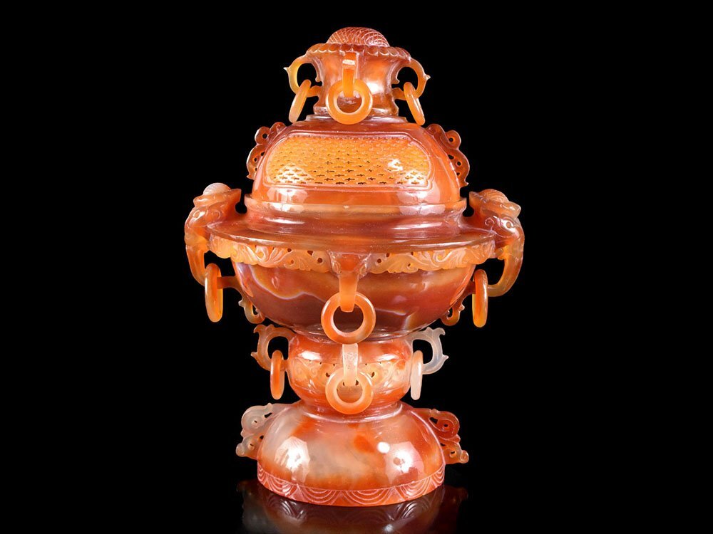 雲】某寺院買取品 中国古玩 唐物 瑪瑙 透かし彫遊環耳付香炉 高 雲】某寺院買取品 中国古玩 唐物 瑪瑙 透かし彫遊環耳付香炉 高