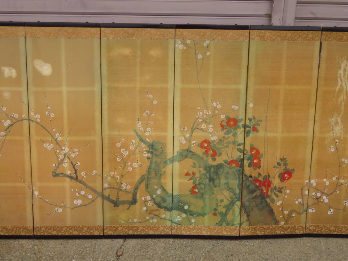 旧家整理品 鈴木其一筆 六双 梅椿図屏風 ホノルル美術館 共同 旧家整理品 鈴木其一筆 六双 梅椿図屏風 ホノルル美術館 共同