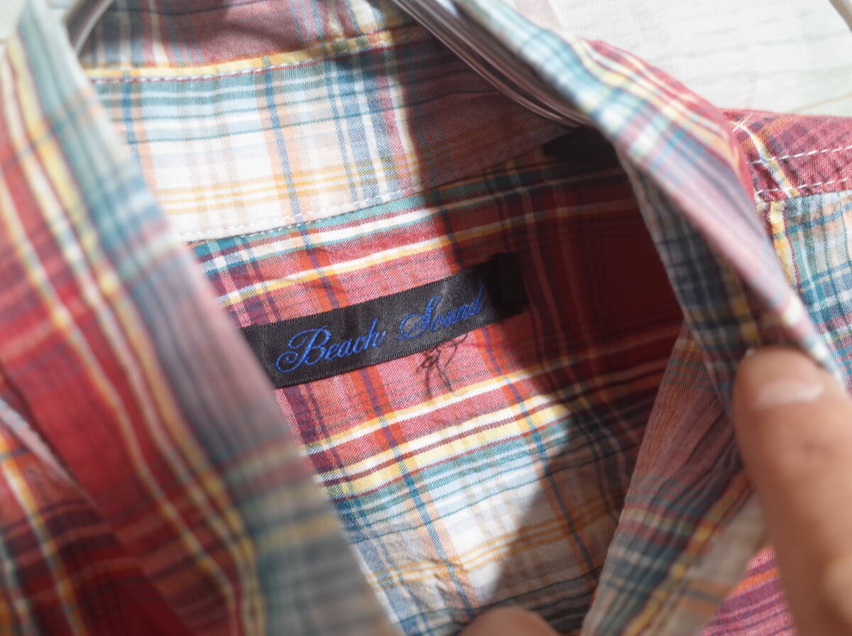 メンズ pm67 ビーチサウンド Beach Sound チェック柄 刺繍入り 長袖シャツ S レッド系 _画像3