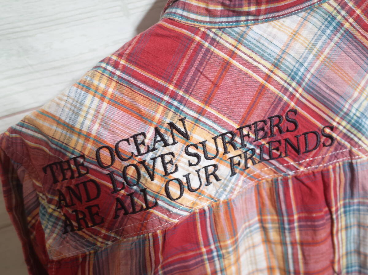 メンズ pm67 ビーチサウンド Beach Sound チェック柄 刺繍入り 長袖シャツ S レッド系 _画像5