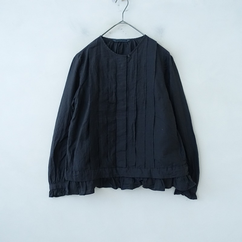 【染】ミナペルホネン mina perhonen *sokeri フリルプリーツブラウス*38綿絹チャコールシャツ(34-2503-159)【91D52】