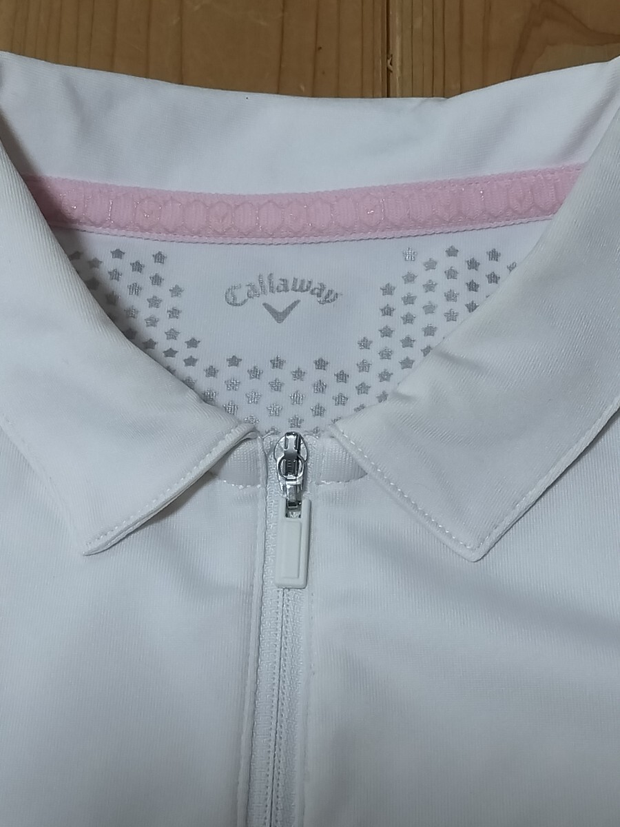 Callaway キャロウェイ ハーフジップ 半袖Tシャツ レディースL ホワイト系 ストレッチ性 ゴルフ タウンユース 良品 送料無料 
